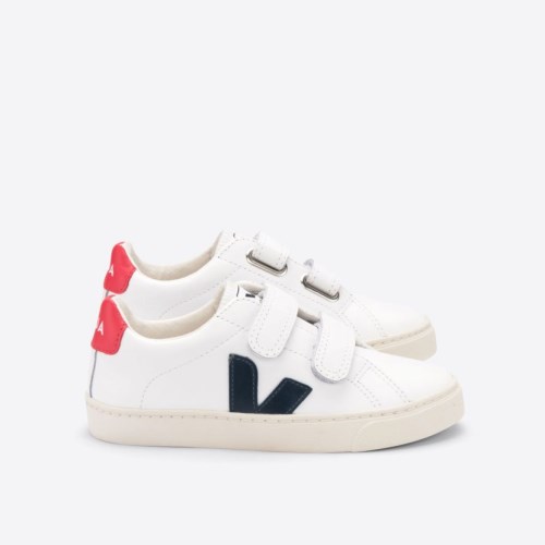 Veja Esplar Velcro Leather Kids Trainers White/Navy/Red UK 89649